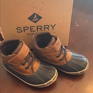 Sperry Kids Brown and Navy Waterproof Duck Boots Toddler Size 7